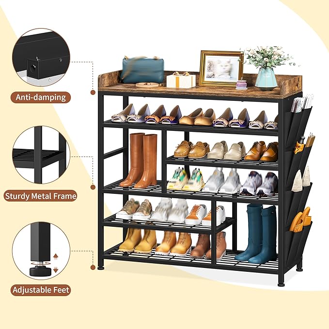 EnHomee Metal Shoe Rack for Entryway, 6 Tier Shoe Storage Organizer Holds 22 Pairs, Wooden Top and Side Pocket for Entry, Entrance, Hallway, Black-NeatNest