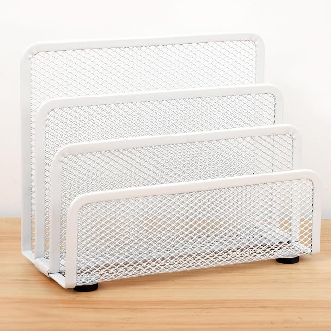 EASEPRES Desk Mail Organizer, Office Small Desktop Metal Mesh Envelope Letter Sorter Paper File Holder Organizer with 3 Vertical Upright Compartments, White 2 Pack