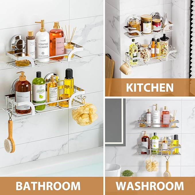 LEVERLOC Shower Caddy Suction Cup, 2 Pack Shower Shelves for Inside, Silver Rustproof Metal Bathroom Storage NO-Drilling Bathroom Organizer with Large Capacity, Heavy Duty Storage Basket