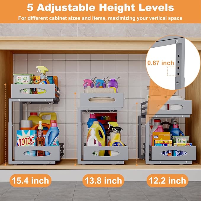 Under Sink Organizer, 2 Tier Under Sink Organizers and Storage, Adjustable Height, Slide Out Metal Cabinet Organizers, Pull Out Cabinet Storage Drawer Shelf for Kitchen Bathroom Gray, 1 Pack-NeatNest