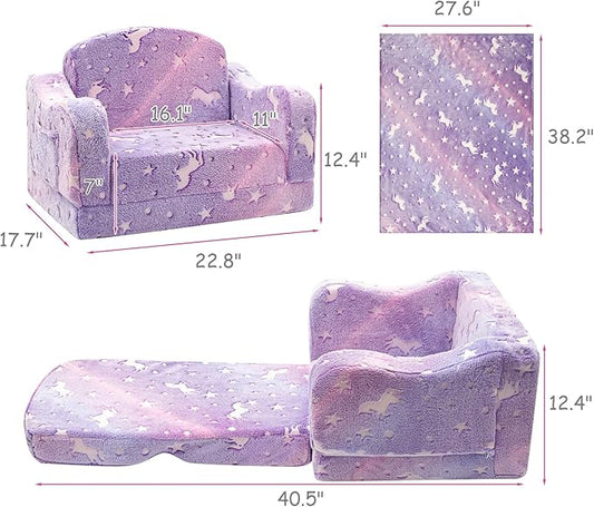 Comfy Toddler Couch and Chair for Kids with Blanket, 2-in-1 Soft Plush Fold Out Kids Sofa Chairs for Girls and Boys, Convertible Sofa to Lounger for Playroom-NeatNest