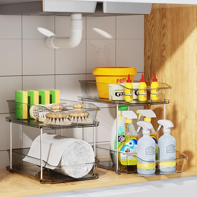 Delamu 2 Sets of 2-Tier Clear Under Sink Organizers and Storage, Multi-Purpose Stackable Bathroom Cabinet organizers, Grey-NeatNest