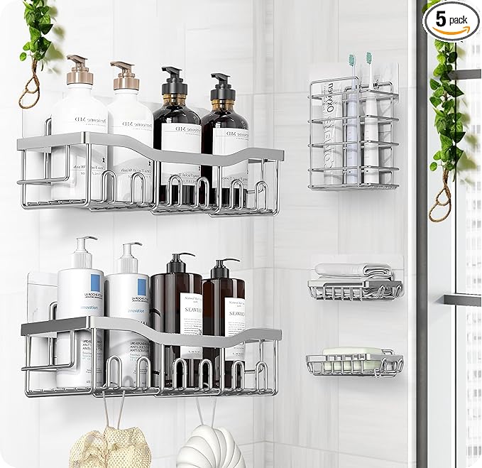 Luxury Style 5 Pack Stainless Steel Adhesive Shower Caddy Set - Rustproof Bathroom Organizer with Large Capacity Storage| No Drilling Shelves Shower Caddy Organizer | Bathroom Decor (Shiny Silver)