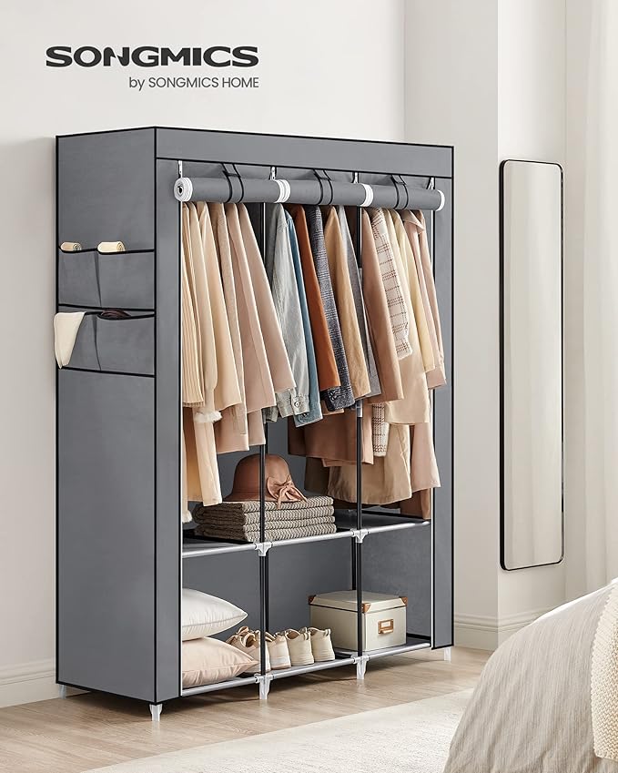 SONGMICS Portable Closet, Wardrobe Closet Organizer with Cover, 3 Hanging Rods and Shelves, 4 Side Pockets, 51.2 x 17.7 x 65.7 Inches, Large Capacity for Bedroom, Living Room, Gray URYG092G02-NeatNest