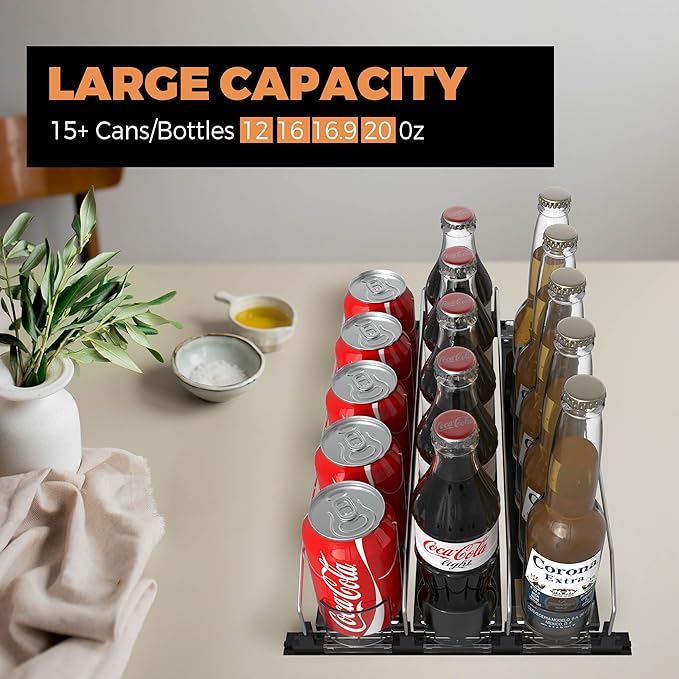 3 Rows Drink Organizer for Fridge, 15'' Soda Can Dispenser for Refrigerator with Pusher Glide, Width Adjustable Fridge Can Organization Hold Up to 25 Cans (Black)
