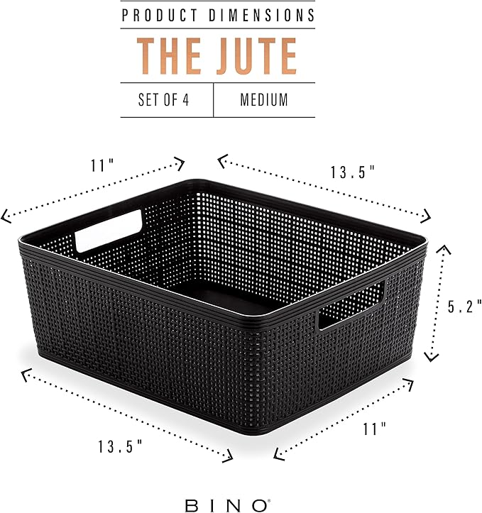 BINO | Woven Plastic Basket | Medium (Black), 4-Pack | THE JUTE COLLECTION | Home Organization, Space - Saving Storage, Stylish Design | Jute Basket | Plastic Storage Basket-NeatNest