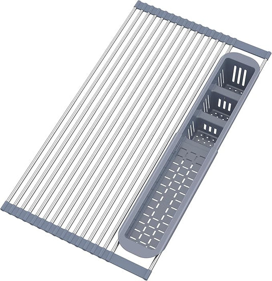 BBXTYLY Expandable Roll Up Dish Drying Rack,Over The Sink Drying Rack Kitchen Sink Accessories Rolling up Stainless Steel Drainer, Foldable with Removable Utensil Holder(Gray Expandable Width Size)-NeatNest