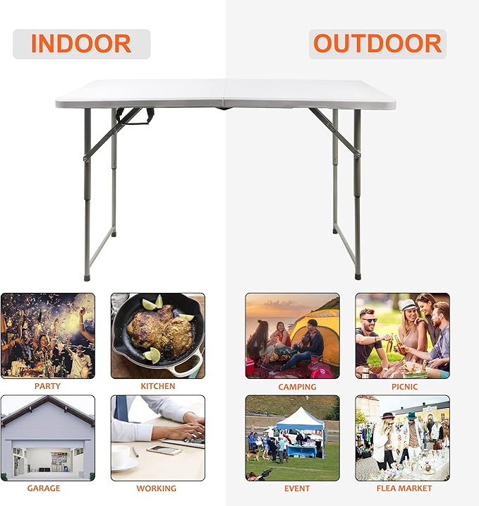 FORUP Folding Utility Table, 4ft Fold-in-Half Portable Plastic Picnic Party Dining Camp Table-NeatNest