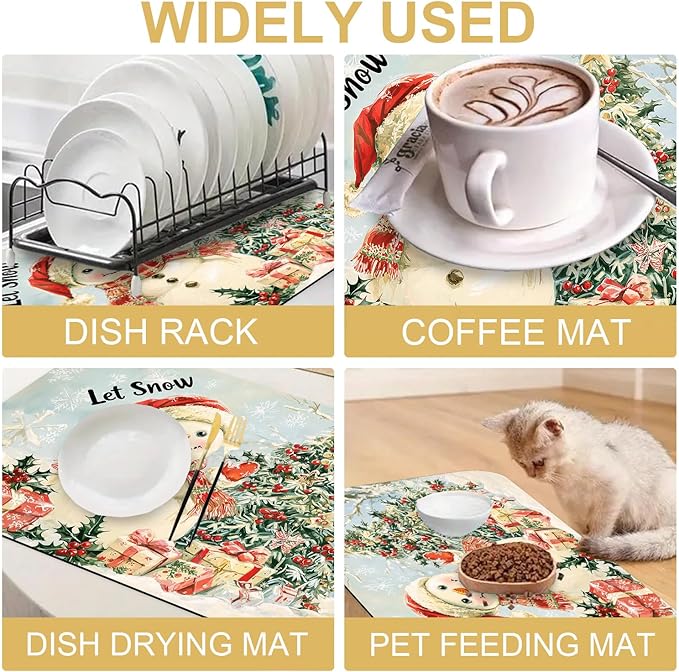 Hello Winter Dish Drying Mats for Kitchen Counter Absorbent Fast Dry Dish Drainer Rack Mats for Dishes Utensils Pot and Pan, Kitchen Accessories 24"x16"