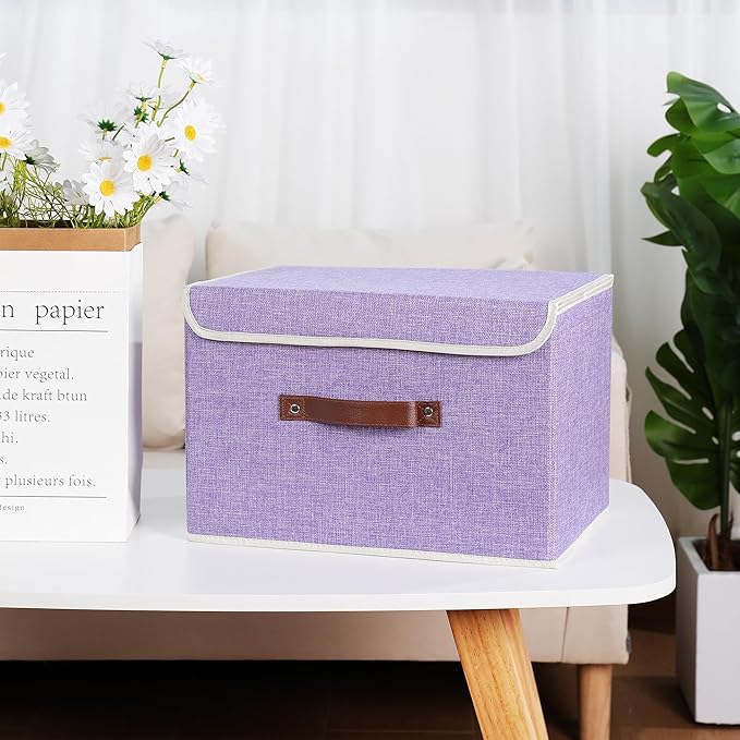 ANMINY 4PCS Storage Bins with Lid PU Leather Handles Storage Boxes PP Plastic Board Decorative Foldable Lidded Cotton Linen Fabric Home Cubes Baskets Closet Organizer Containers - Purple, Large Size-NeatNest