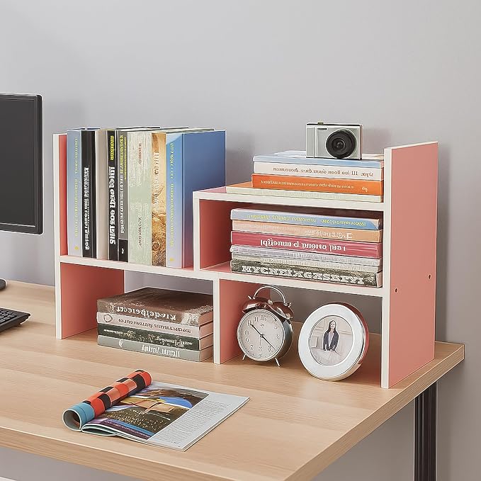 Desktop Shelf Organizer, Adjustable Wood Office Storage Rack, Counter Display Small Bookshelf for Home/Office/School(Pink)-NeatNest
