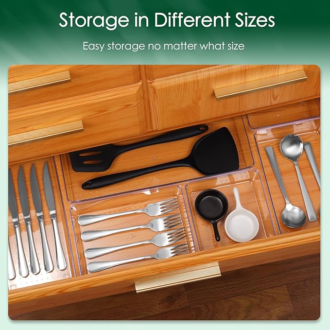 Criusia Drawer Organizer Set, Acrylic Non Slip Non Cracking Kitchen Drawer Storage Tray Large Size Divider, Multifunctional Storage for Cosmetics, Bathroom, Tools, Kitchen and Office (8 PACK)-NeatNest