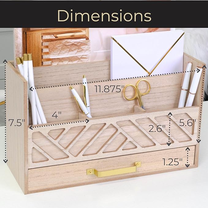 BLU MONACO Natural Mail Organizer with Drawer and Gold Handle – Desktop Mail Holder and Office Supplies Storage – Home Office Desk Accessories – Letter Sorter and Paper Organizer-NeatNest