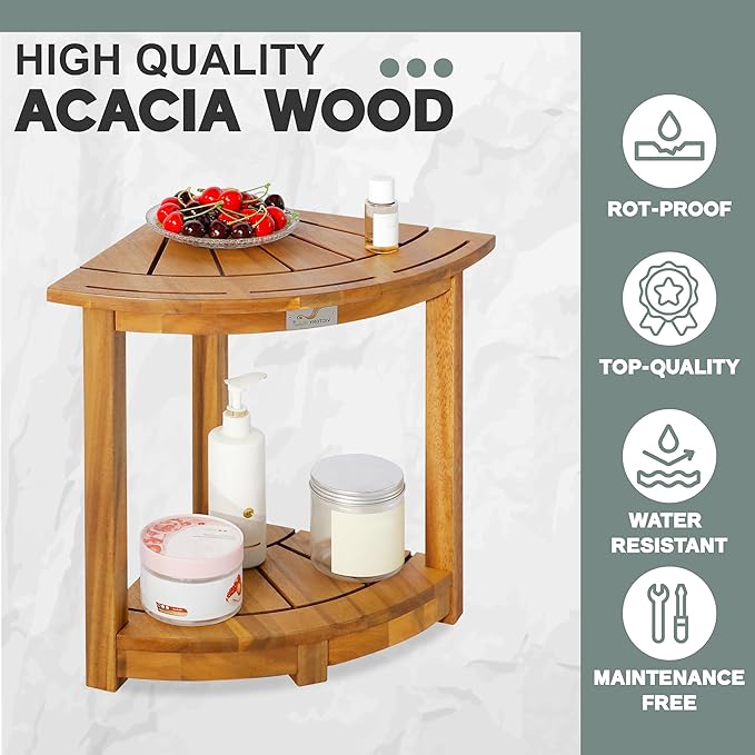 Acacia Corner Shower Stool, Waterproof Spa Foot Rest & Bath Bench with Storage Shelf & Soap Dish, Ideal for Bathroom, Shaving Legs, or as Small Corner Table/Step Stool (Natural)