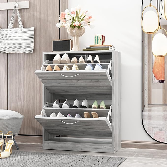 Shoe Cabinet with 2 Flip Drawers, Shoe Storage Organizer with 2-Tier Shelf for Entryway, Freestanding Shoe Rack Storage Organizer, Light Grey-NeatNest