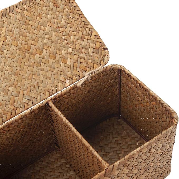 DOKOT Seagrass Woven Storage Basket with Lid, Rectangular Narrow Tampon Toilet Tank Organizer
