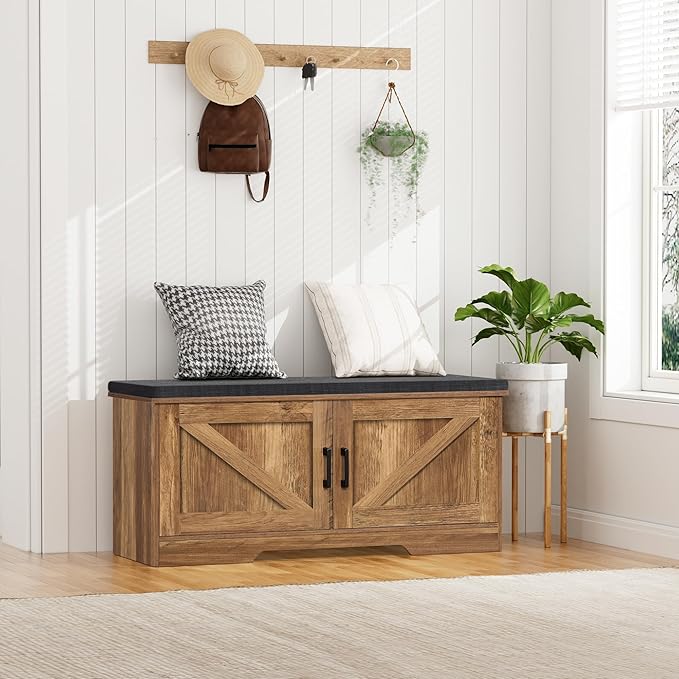 2-Tier Storage Bench, Shoe Bench with Padded Seat Cushion, Entryway Bench with 2 Barn Doors, Adjustable Shelf, 13.8" D x 39.4" W x 17.7" H, for Entryway, Living Room, Bedroom, Rustic Walnut-NeatNest