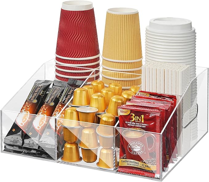 Acrylic Coffee Bar Organizer for Countertop, Cups Lids Sleeves Pods Syrups and Coffee Bar Accessories Storage Organizer Condiment Holder for Office Breakroom, Clear-NeatNest