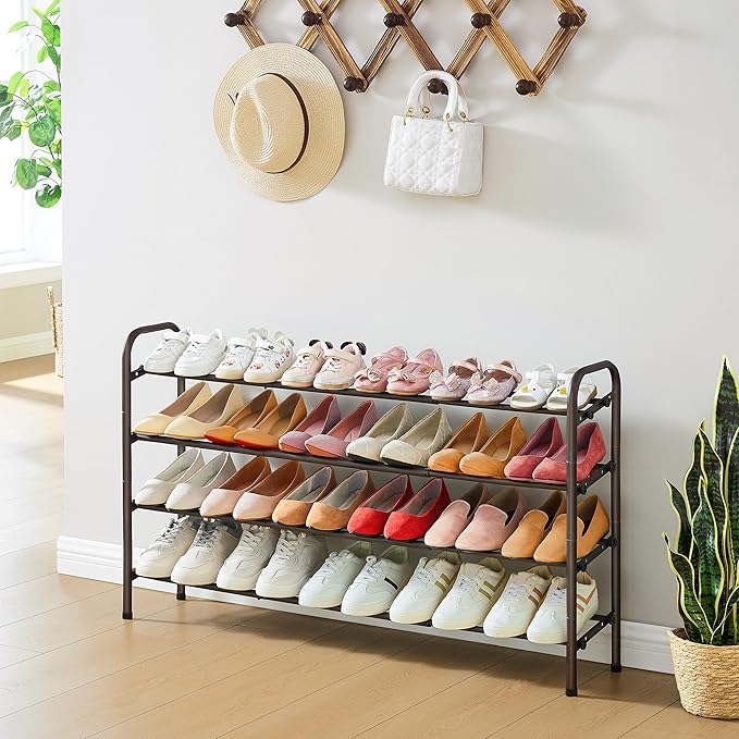4 Tier Shoe Rack for Closet,Shoe Organizer, 28“ Metal Shelf Can Expandable to 42“, for Bedroom, Entryway, Living Room, Garage, Adjustable to 24 Pairs Shoes, Rustic Brown-NeatNest
