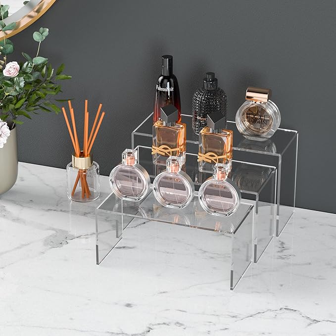9x9.5x10 Inch Clear Display Risers Shelf 3pcs, Countertop Rectangular Acrylic Display Stands for Funko Pop Figure, Bags, Collectibles-NeatNest