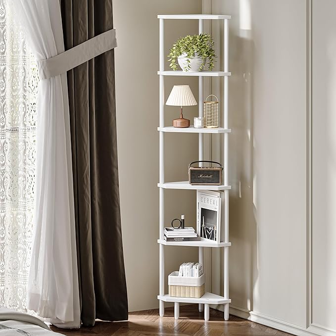 6 Tier Corner Shelf, 66.5'' Tall Standing Shelf, Narrow Display Shelf Stand, Modern Corner Bookshelf, Plant Stand, Corner Bookcase for Living Room, Bedroom, Bathroom, White LCS502W-NeatNest