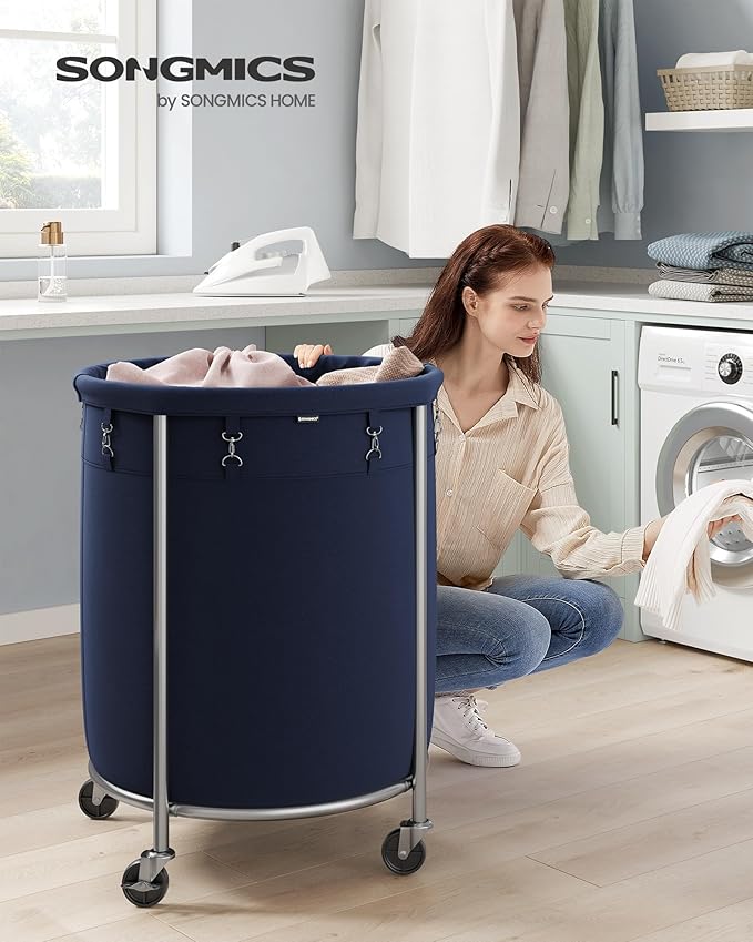 SONGMICS Laundry Basket with Wheels, Rolling Round Laundry Hamper Cart, 45 Gal. with Steel Frame and Removable Bag, 4 Casters and 2 Brakes, Charcoal Blue and Metallic Silver URLS001Q01