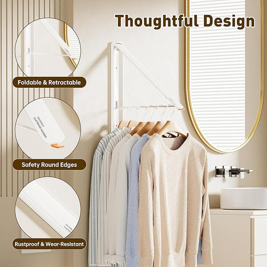 Clothes Drying Rack, Laundry Room Wall Mounted Retractable Clothes Hanger Drying Rack, Laundry Clothing Drying Rack Folding Indoor or Outdoor, Easy Installation Aluminium Dryer, 1pcs(White)-NeatNest