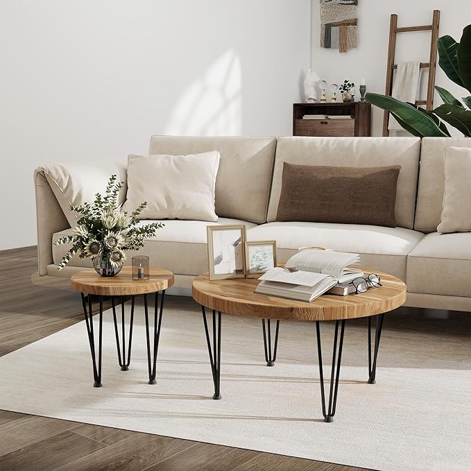 Fun Memories Round Coffee Table - Elm Wood Nesting Table with Metal Legs & Non Slip Feet Base - Rustic Nesting End Tables for Living Room Bedroom - 14" D x 14" W x 16" H - Natural Color