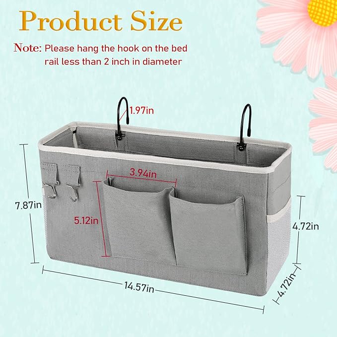 Bedside Storage Caddy/Bedside Hanging Storage Bag for Headboards Bunk Beds Dorm Rooms Book Phone Magazine Holder (2PC Grey)-NeatNest