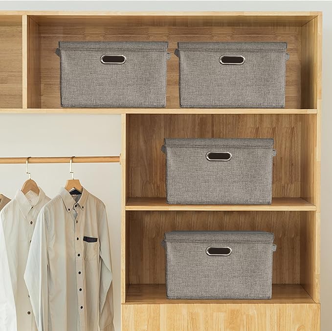 3 Pack Large Linen Collapsible Closet Organizers and Storage Bins with Removable Lids Storage Boxes for Organizing Clothing,Sheets,Toys,Shelves Basket Cube Storage Bin with Handles-NeatNest
