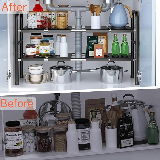 Expandable Under Sink Organizer with 10 Removable Panels, Adjustable Storage 2-Tier Shelf for Kitchen, Bathroom, Pantry,Multi-Purpose Expandable Cabinet Shelf Rack (19-35.5 Inch) (brown, Large)