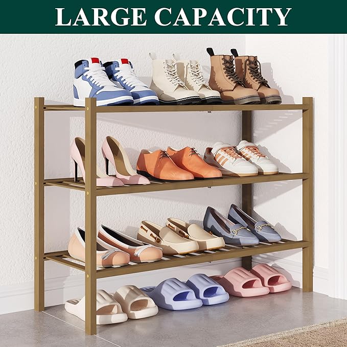 Smiry Bamboo Shoe Rack for Closet, 3 Tier Wooden Stackable Shoe Organizer, Free Standing Shoes Storage Shelf for Entryway, Front Door Entrance, Walnut-NeatNest