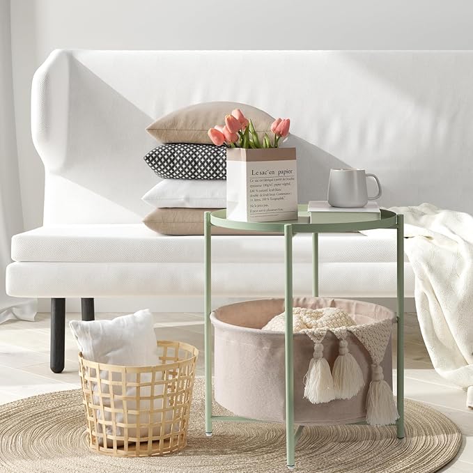 danpinera Round Side Table with Fabric Storage Basket, Metal Side Table Small Bedside Nightstand with Removable Tray Top for Living Room, Bedroom, Nursery, Laundry, Light Green-NeatNest