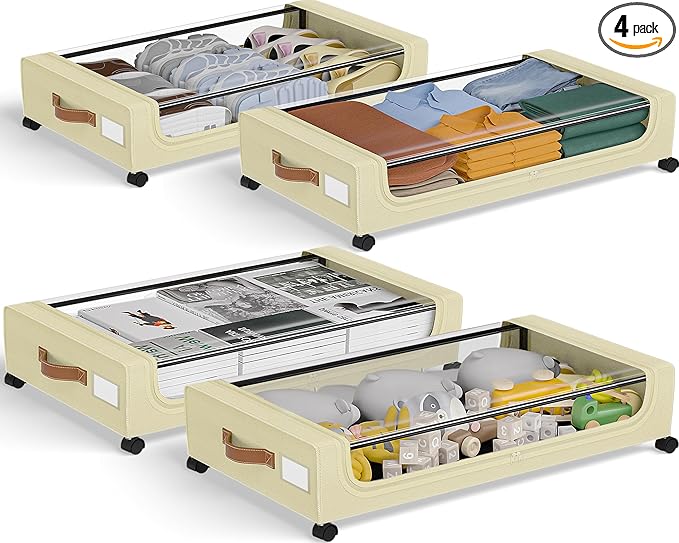 GoMaihe Under Bed Storage with Wheels: XXL Underbed Storage Containers with Lids - Rolling Bins for Shoes Clothes in Dorm Bedroom - Metal Drawers Easy Pull-out Beige 4-Pack-NeatNest