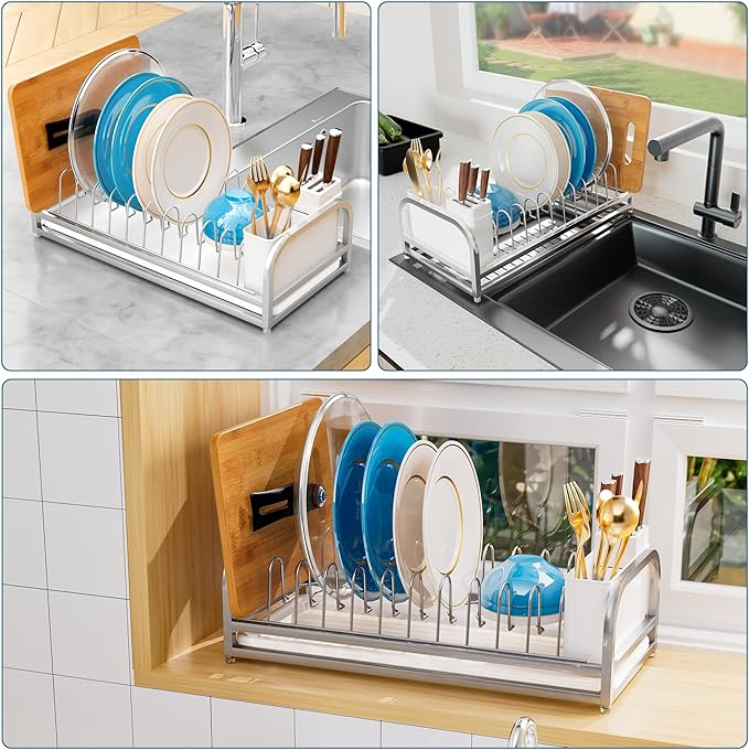 Dish Drying Rack Small for Kitchen Counter, 304 Stainless Steel Small Dish Rack w Cutlery Holder, Dish Drainer for Pots & Pans, Cutting Boards, Plates, Serving Trays & Lids (Silvery)