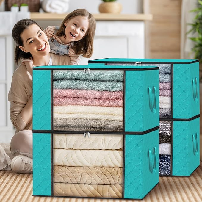 Fab totes 4 Pack Clothes Storage, Foldable Thick Fabric Blanket Storage Bags, Containers for Organizing Bedroom, Closet, Clothing, Comforter,Closet Organization with Handle,Green-NeatNest