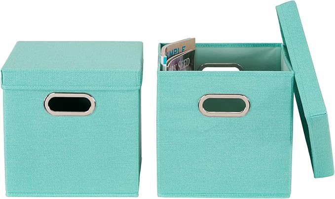 Household Essentials Collapsible Cotton Blend Cube Storage Box with Lid and Metal Grommet Handle, Set of 2, Green-NeatNest