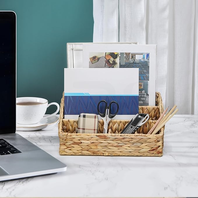 Desk Organizer – Countertop Mail Organizer, Magazine Holder, Boho Decor Water Hyacinth Desk Mail Holder for Home Office, Farmhouse, 12.6" L x 6.7" W x 6.3" H-NeatNest
