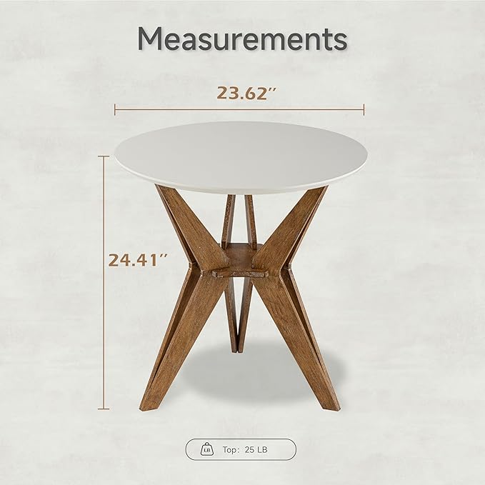 Farmhouse End Table Distressed Wood Side Table with Crisscross Legs and X Legs, Accent Table with White Top and Tripod Base for Living Room, Office, Boho Decor, Modern Rustic, Nature, Round
