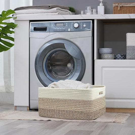 COMFY-HOMI Cotton Rope Woven Basket with Handles for Shelves,Toys,Book, Cloth Storage Baskets for Organizing-17" x 13" x 7.5" Toy Decorative Organizer for Living Room, Bathroom (white/3 brown)-NeatNest