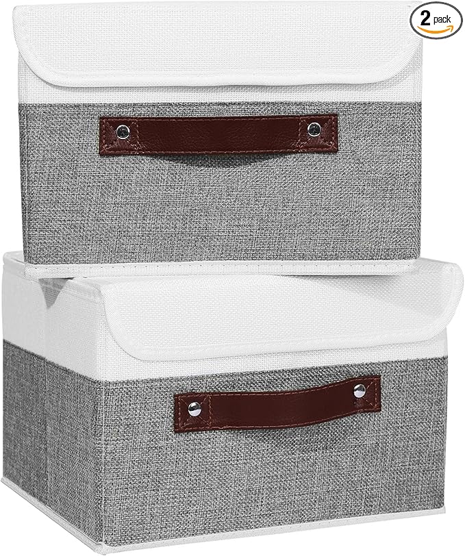 ANMINY 2PCS Storage Boxes with Lid Washable Decorative Storage Bins Basket with PU Leather Handle Foldable Linen Fabric Storage Cubes Containers for Home Closet Organizer - Gray White, Small Size-NeatNest