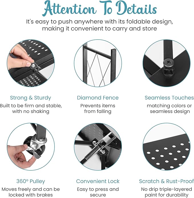 4-Tier Foldable Shelf, Black-Strong and Durable Multipurpose Folding Shelves for Storage with Locking Wheels-Easy to Assemble, Clean, Fold