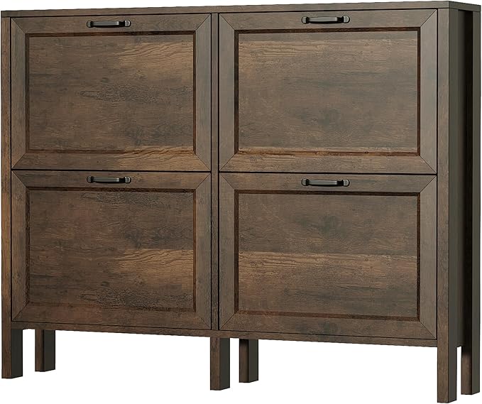 Shoe Storage Cabinet with 4 Flip Drawers, Wooden Shoe Rack with Metal Handle, Freestanding Hidden Shoe Storage Organizer with Open Shelf, Narrow Shoe Rack for Entryway, Hallway (Brown)