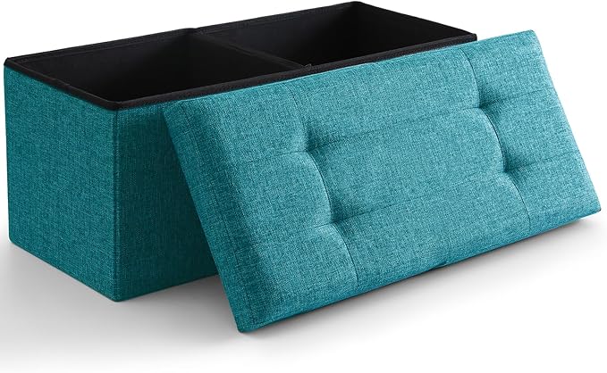 CUYOCA Storage Ottoman Bench Foldable Seat Footrest Shoe Bench End of Bed Storage with Flipping Lid, 75L Storage Space, 30 inches Linen Fabric Teal Blue-NeatNest
