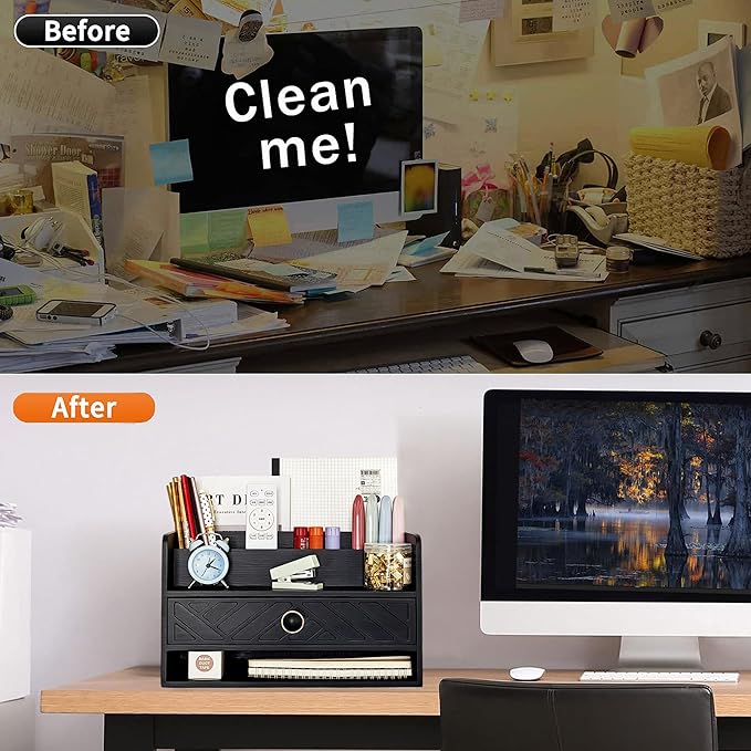 Black Wood Desk Organizer and Accessories with Drawer, Bill Mail Organizer and File Mail Holder for Office Supplies, Desk Accessories & Workspace Organizers for Desk Organization-NeatNest