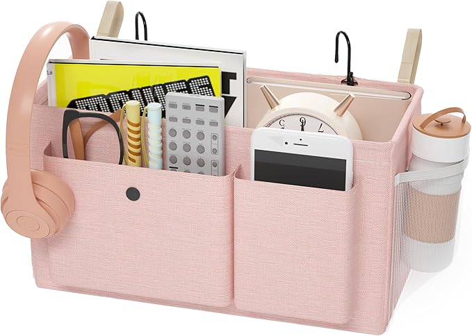 Bedside Caddy Bedside Organizer with Fixed Straps & Water Bottle Holder, Bunk Bed Caddy ideal for Home, Dorm, Hospital, Crib, Versatile Bedside Storage Solution (Pink)-NeatNest