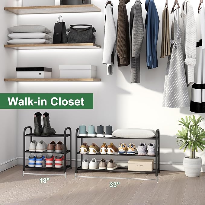 Shoe Rack for Closet, 3-Tier Expandable Shoe Organizer, Metal Adjustable Black Shoe Shelf Storage Organizer, Free Standing Shoe Rack for Entryway Closet Doorway-NeatNest