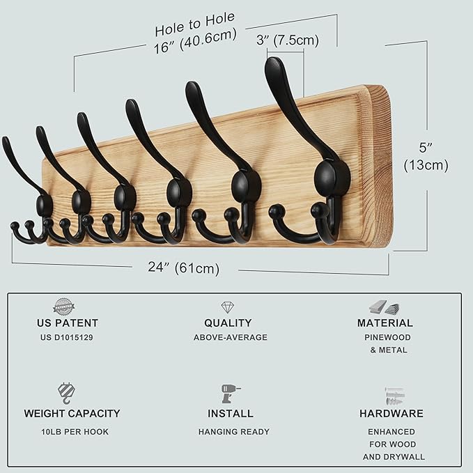 Dseap Coat Rack Wall Mounted - 24" Long 6 Tri Hooks, Heavy Duty Wooden Wall Coat Hanger Coat Hook for Clothes Hat Jacket Clothing, Weathered Light Natural and Black