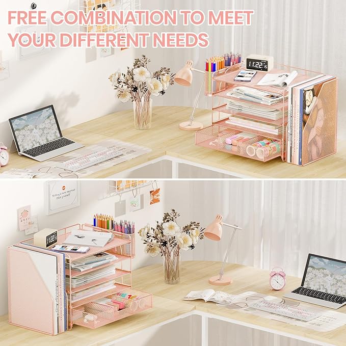 Desk Organizers and Accessories, 5-Tier Paper File Organizer with Drawer & Pen Holder, Office Desk Accessories Workspace Desktop Organizer for Office Supplies (Rose Gold)-NeatNest