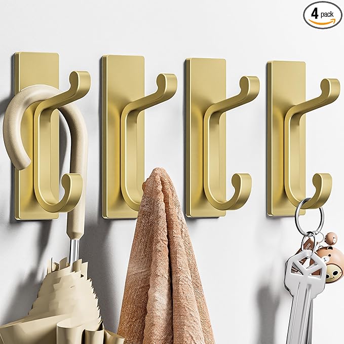 4 Pack Self Adhesive Wall Hooks for Coats - Stainless Heavy Duty Double Hook for Clothes, Towel, Keys, Purse, Backpack, Bag, Hat, Gold Coat Hook for Door, Bathroom, Bedroom, Holds 10Lbs.